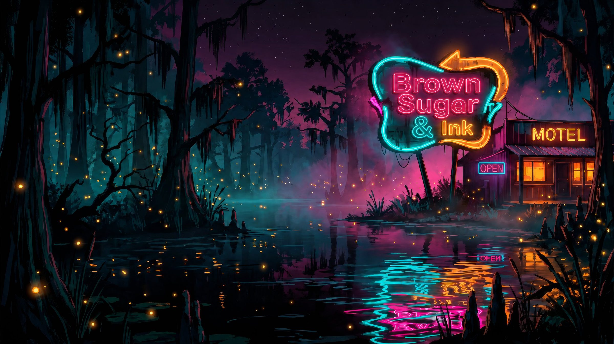 A neon sign reading Brown Sugar and Ink glows teal, pink and amber beside a small motel at the edge of a misty bayou, fireflies drifting over the black water