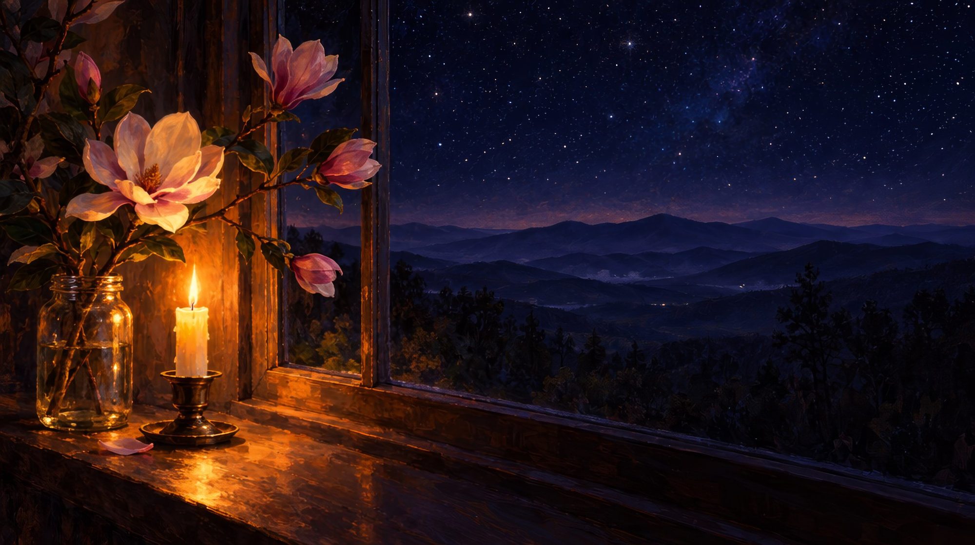 A candle burns on a windowsill beside a jar of magnolia blossoms, looking out over a starlit Tennessee ridge at night