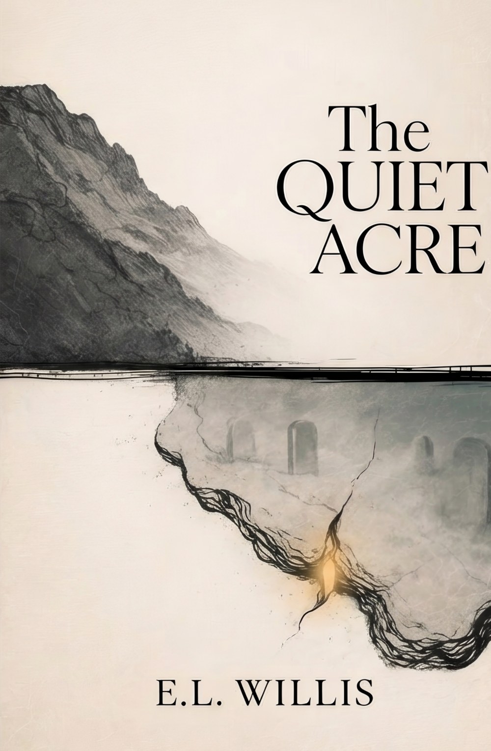 Cover of The Quiet Acre by E.L. Willis: an ink-wash mountain above a buried graveyard, with a single point of golden light